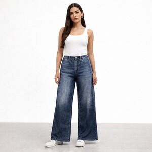NEW Mila Rosabella Wide Leg Sweatpant Jeans Denim Print Stretch Blue Size Large